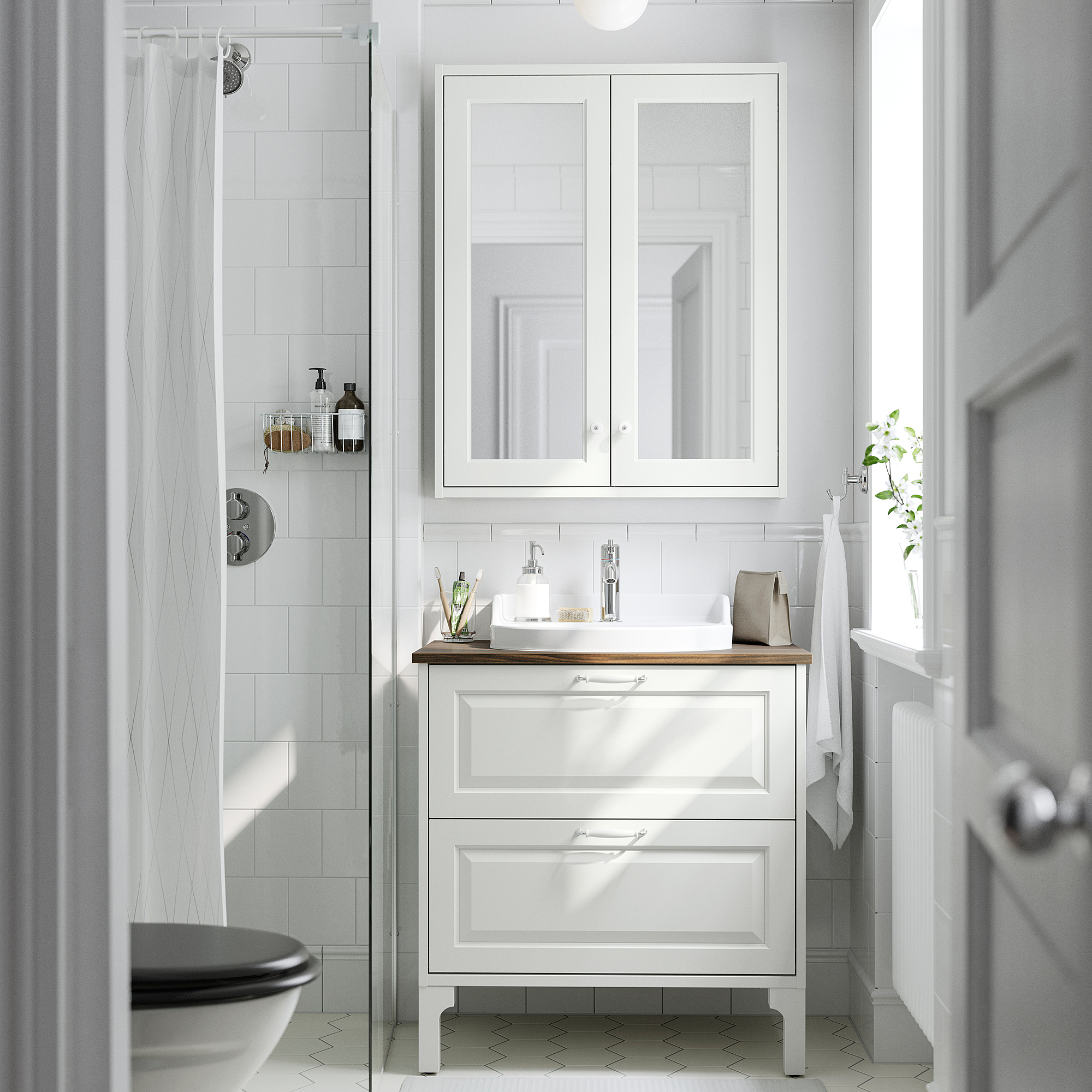 TÄNNFORSEN / RUTSJÖN Bathroom vanity with sink & faucet, white/brown walnut effect, 31x21 1/2x37 1/8 "