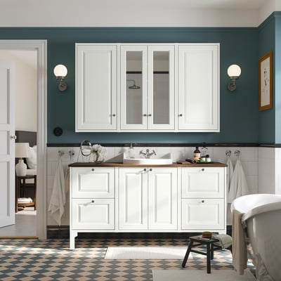 TÄNNFORSEN / RUTSJÖN Bathroom vanity with sink & faucet, white/brown walnut effect, 61x21 1/2x37 1/8 "