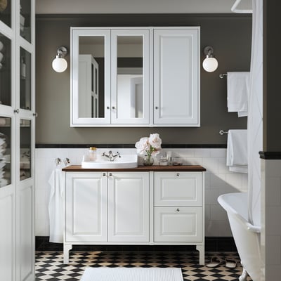 TÄNNFORSEN / RUTSJÖN Bathroom vanity with sink & faucet, white/brown walnut effect, 49x21 1/2x37 1/8 "