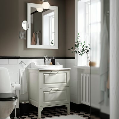 TÄNNFORSEN / RUTSJÖN Bathroom vanity with sink & faucet, white/white marble effect, 25x21 1/2x37 1/8 "
