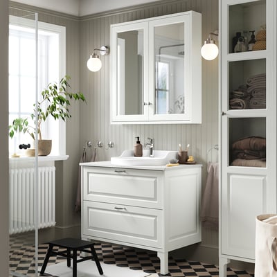 TÄNNFORSEN / RUTSJÖN Bathroom vanity with sink & faucet, white/white marble effect, 37x21 1/2x30 1/8 "