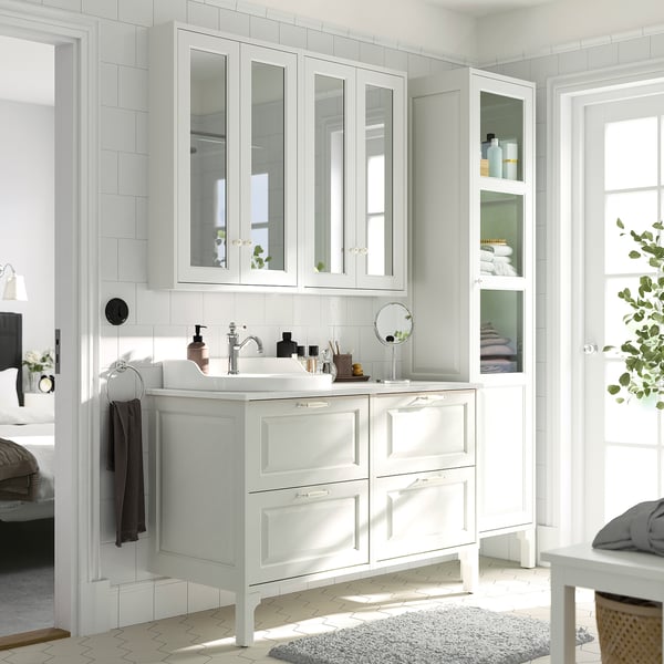 TÄNNFORSEN / RUTSJÖN Bathroom vanity with sink & faucet, white/white marble effect, 49x21 1/2x37 1/8 "