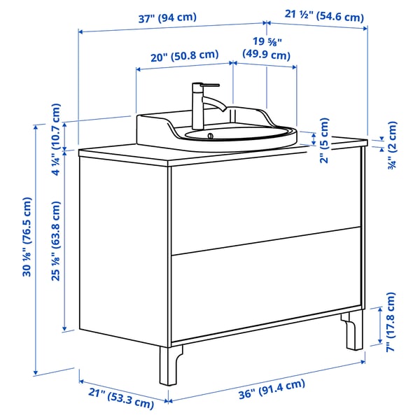 TÄNNFORSEN / RUTSJÖN Bathroom vanity with sink & faucet, white/white marble effect, 37x21 1/2x30 1/8 "