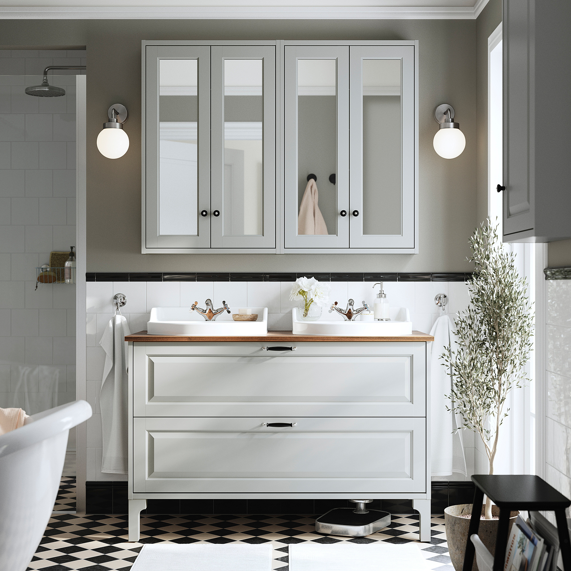 TÄNNFORSEN / RUTSJÖN Bathroom vanity with sink & faucets, light gray/brown walnut effect, 49x21 1/2x30 1/8 "
