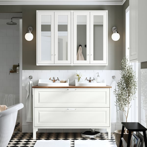 TÄNNFORSEN / RUTSJÖN Bathroom vanity with sink & faucets, white/brown walnut effect, 49x21 1/2x30 1/8 "