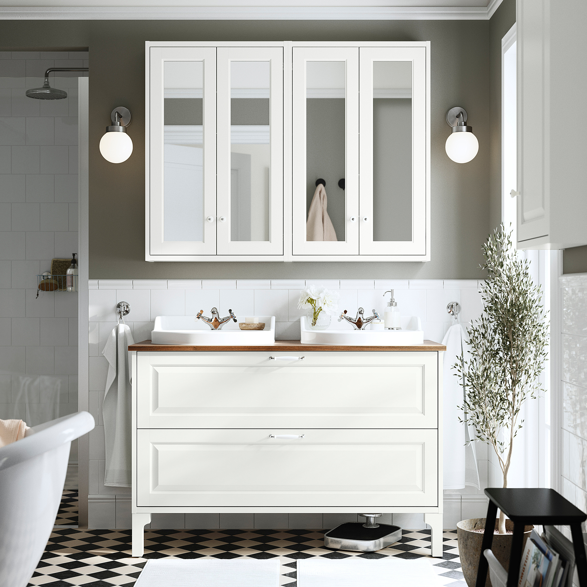 TÄNNFORSEN / RUTSJÖN Bathroom vanity with sink & faucets, white/brown walnut effect, 49x21 1/2x30 1/8 "