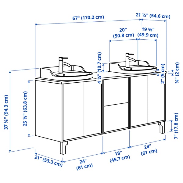 TÄNNFORSEN / RUTSJÖN Double vanity with sink & faucet, light gray/black marble effect, 67x21 1/2x37 1/8 "