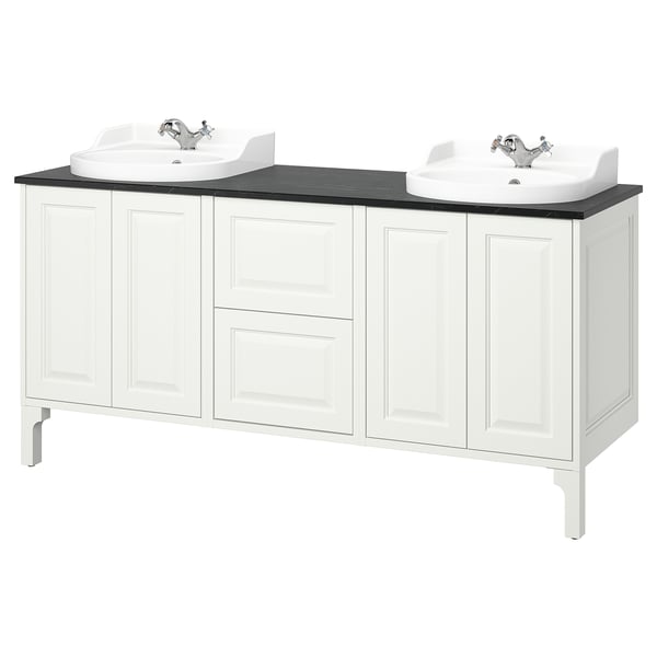 TÄNNFORSEN / RUTSJÖN Double vanity with sink & faucet, white/black marble effect, 67x21 1/2x37 1/8 "