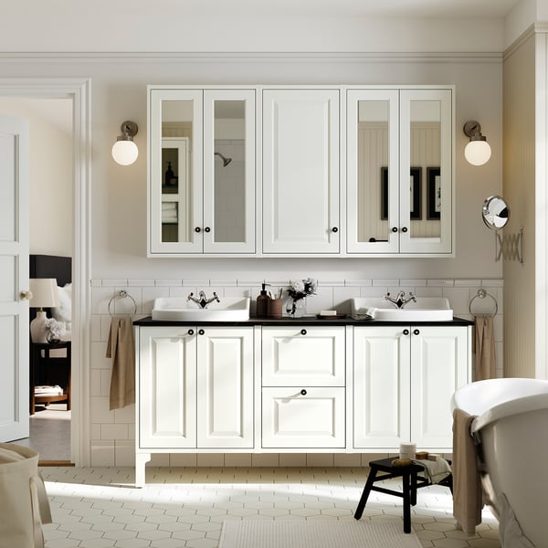 TÄNNFORSEN / RUTSJÖN Double vanity with sink & faucet, white/black marble effect, 67x21 1/2x37 1/8 "