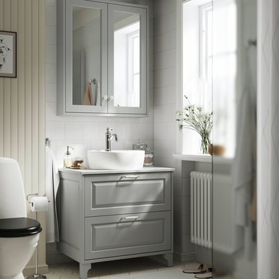 TÄNNFORSEN / TÖRNVIKEN Bathroom vanity with sink & faucet, light gray/white marble effect, 31x21 1/2x35 7/8 "