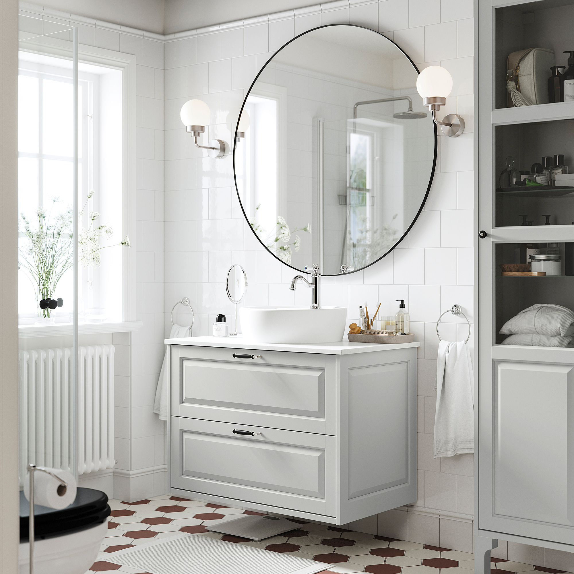TÄNNFORSEN / TÖRNVIKEN Bathroom vanity with sink & faucet, light gray/white marble effect, 37x21 1/2x31 3/8 "