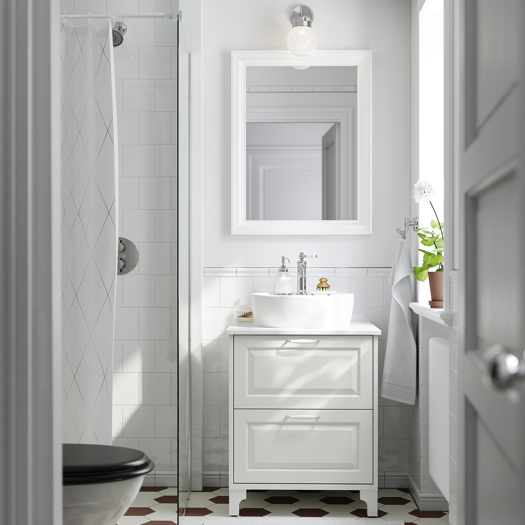 TÄNNFORSEN / TÖRNVIKEN Bathroom vanity with sink & faucet, white/white marble effect, 25x21 1/2x35 7/8 "