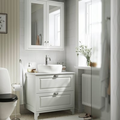 TÄNNFORSEN / TÖRNVIKEN Bathroom vanity with sink & faucet, white/white marble effect, 31x21 1/2x35 7/8 "