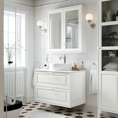 TÄNNFORSEN / TÖRNVIKEN Bathroom vanity with sink & faucet, white/white marble effect, 37x21 1/2x31 3/8 "