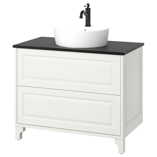 TÄNNFORSEN / TÖRNVIKEN Wash-stnd w drawers/wash-basin, white/black marble effect, 37x21 1/2x35 7/8 "