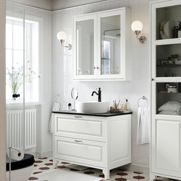 TÄNNFORSEN / TÖRNVIKEN Wash-stnd w drawers/wash-basin, white/black marble effect, 37x21 1/2x35 7/8 "