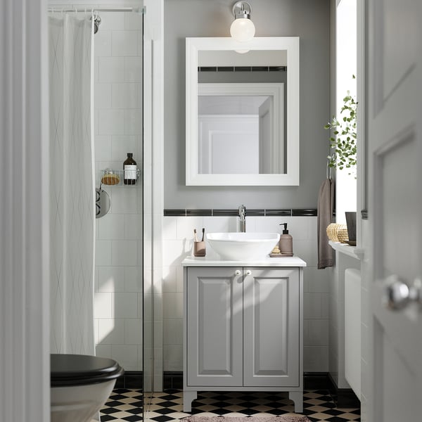 TÄNNFORSEN / VÄSTERSJÖN Bathroom vanity w doors/sink/faucet, light gray/white marble effect, 25x21 1/2x35 7/8 "