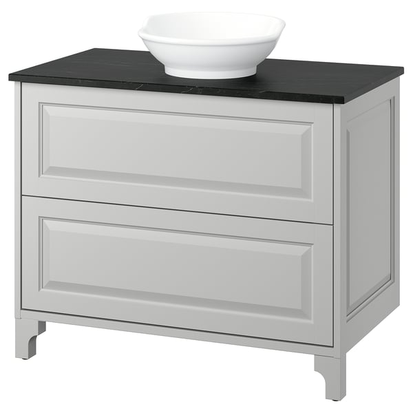 TÄNNFORSEN / VÄSTERSJÖN Bathroom vanity w/ drawers and sink, light gray/black marble effect, 37x21 1/2x35 7/8 "