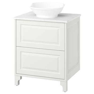 White TÄNNFORSEN bathroom cabinet with marble top and bowl sink, classic design.
