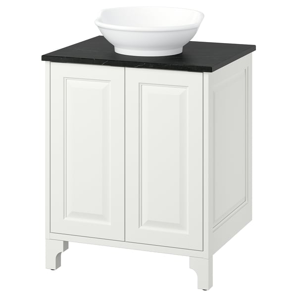 TÄNNFORSEN / VÄSTERSJÖN Bathroom vanity with doors and sink, white/black marble effect, 25x21 1/2x35 7/8 "