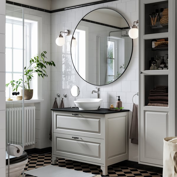TÄNNFORSEN / VÄSTERSJÖN Bathroom vanity with sink & faucet, light gray/black marble effect, 37x21 1/2x35 7/8 "