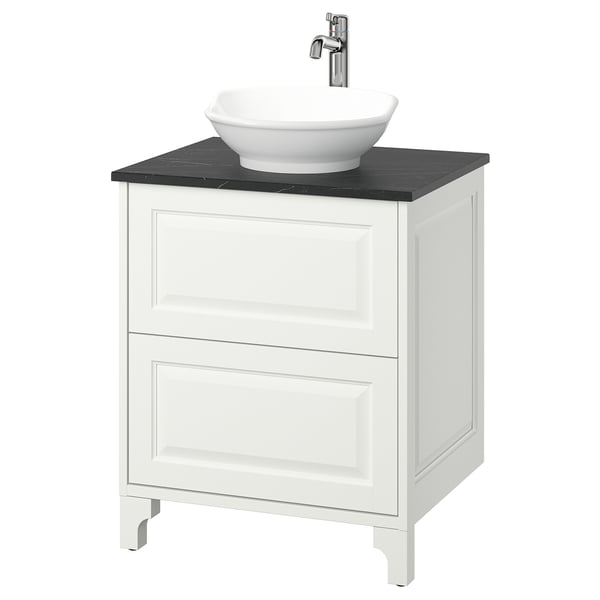 TÄNNFORSEN / VÄSTERSJÖN Bathroom vanity with sink & faucet, white/black marble effect, 25x21 1/2x35 7/8 "