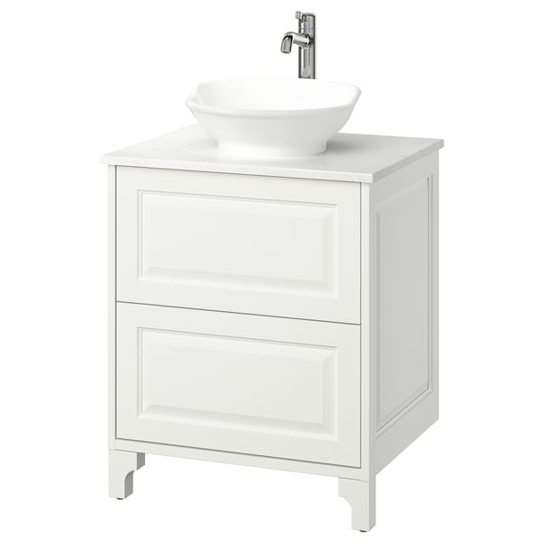 TÄNNFORSEN / VÄSTERSJÖN Bathroom vanity with sink & faucet, white/white marble effect, 25x21 1/2x35 7/8 "