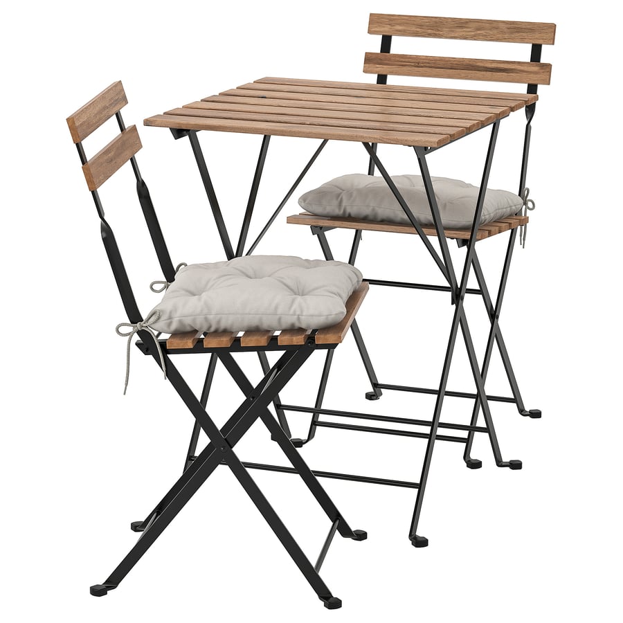 TÄRNÖ table+2 chairs, outdoor, black/light brown stained/Kuddarna gray IKEA