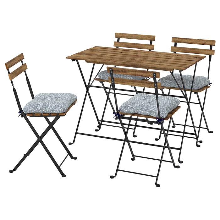 TÄRNÖ table and 4 chairs, outdoor, black/light brown stained/Klösan blue IKEA