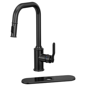 A TAKSJÖN kitchen tap in matte black with a pull-out sprayer. It is sleek, modern, and made from stainless steel and zinc for durability.