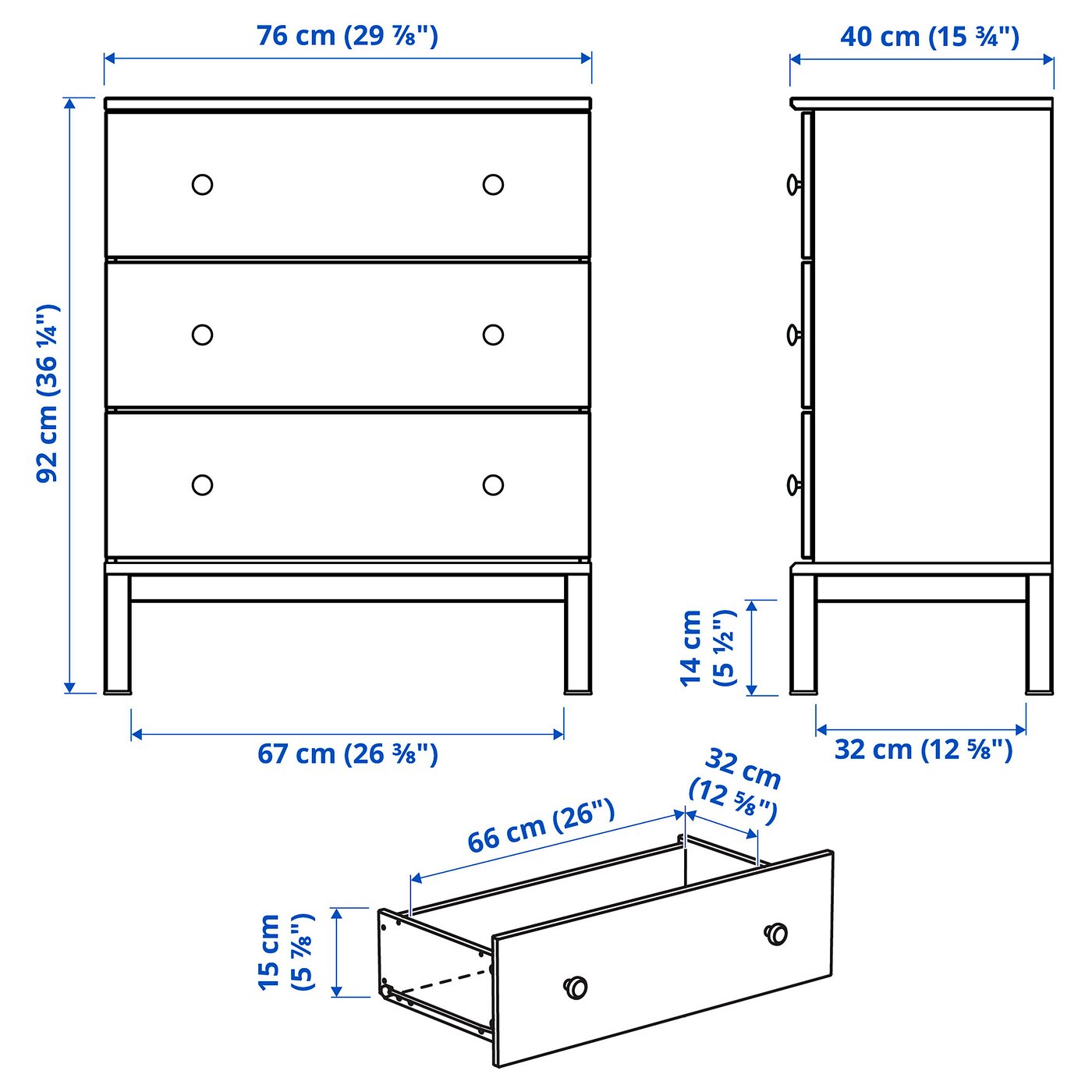 TARVA 3-drawer chest, pine, 297/8x361/4