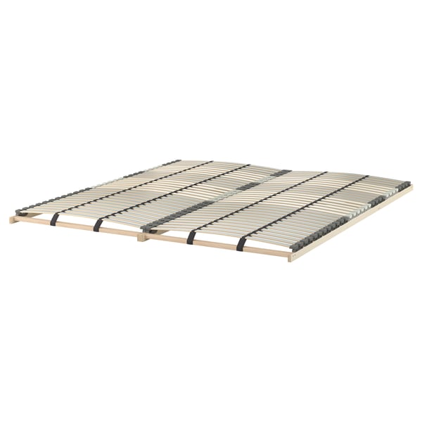 TARVA bed frame: modern scandinavian design, untreated pine wood, rectangular shape, slatted base for air circulation.