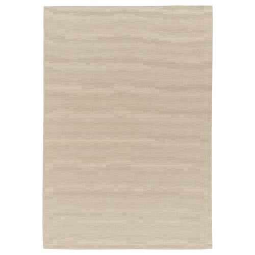 Flat-woven beige jute rug. Neutral, durable, rectangular design. Perfect for living or dining spaces.