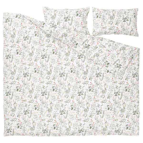TIMJANSMOTT duvet cover and pillowcase(s), white/floral pattern, Full