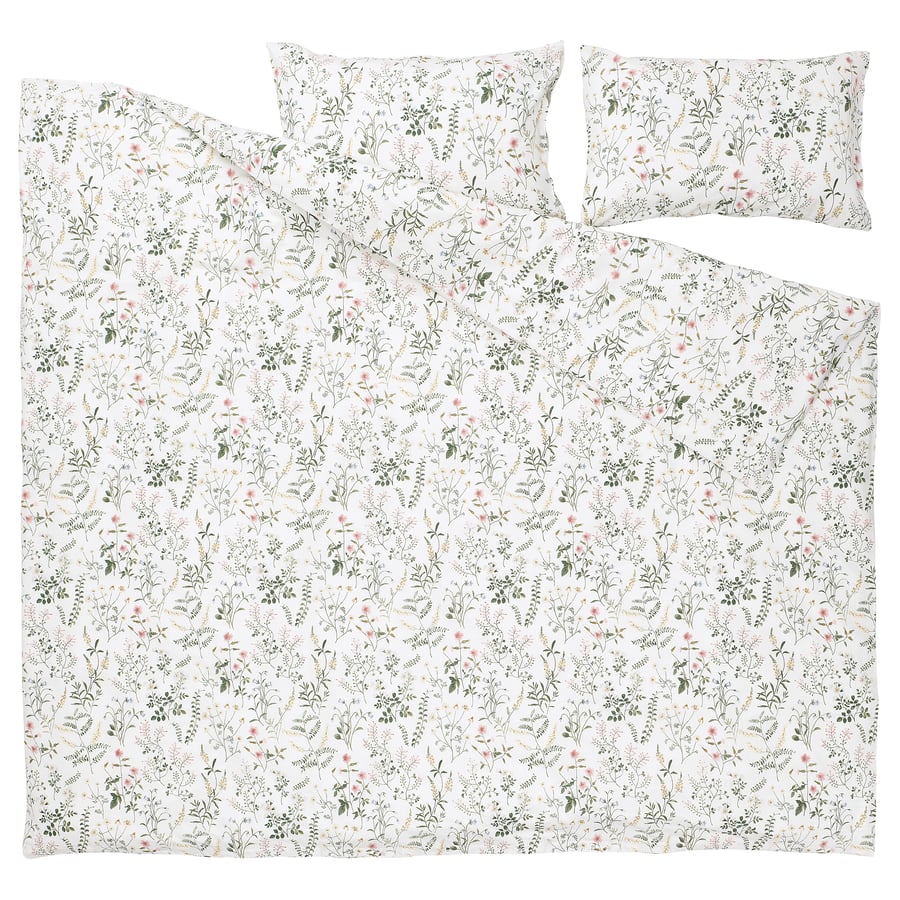 TIMJANSMOTT duvet cover and pillowcase(s), white/floral pattern, Full
