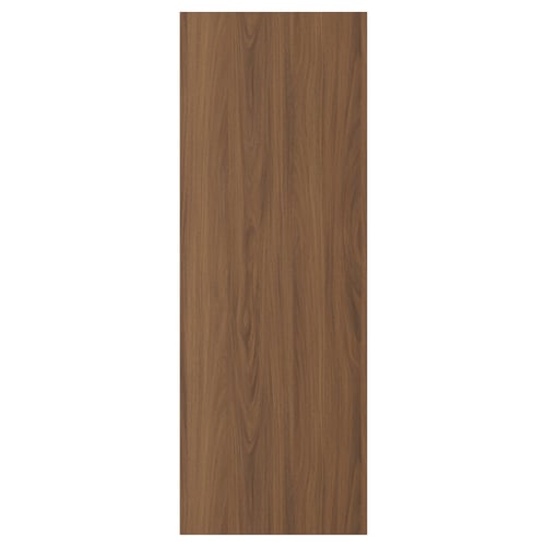 Walnut-colored, wooden door panel with vertical grain, smooth surface.