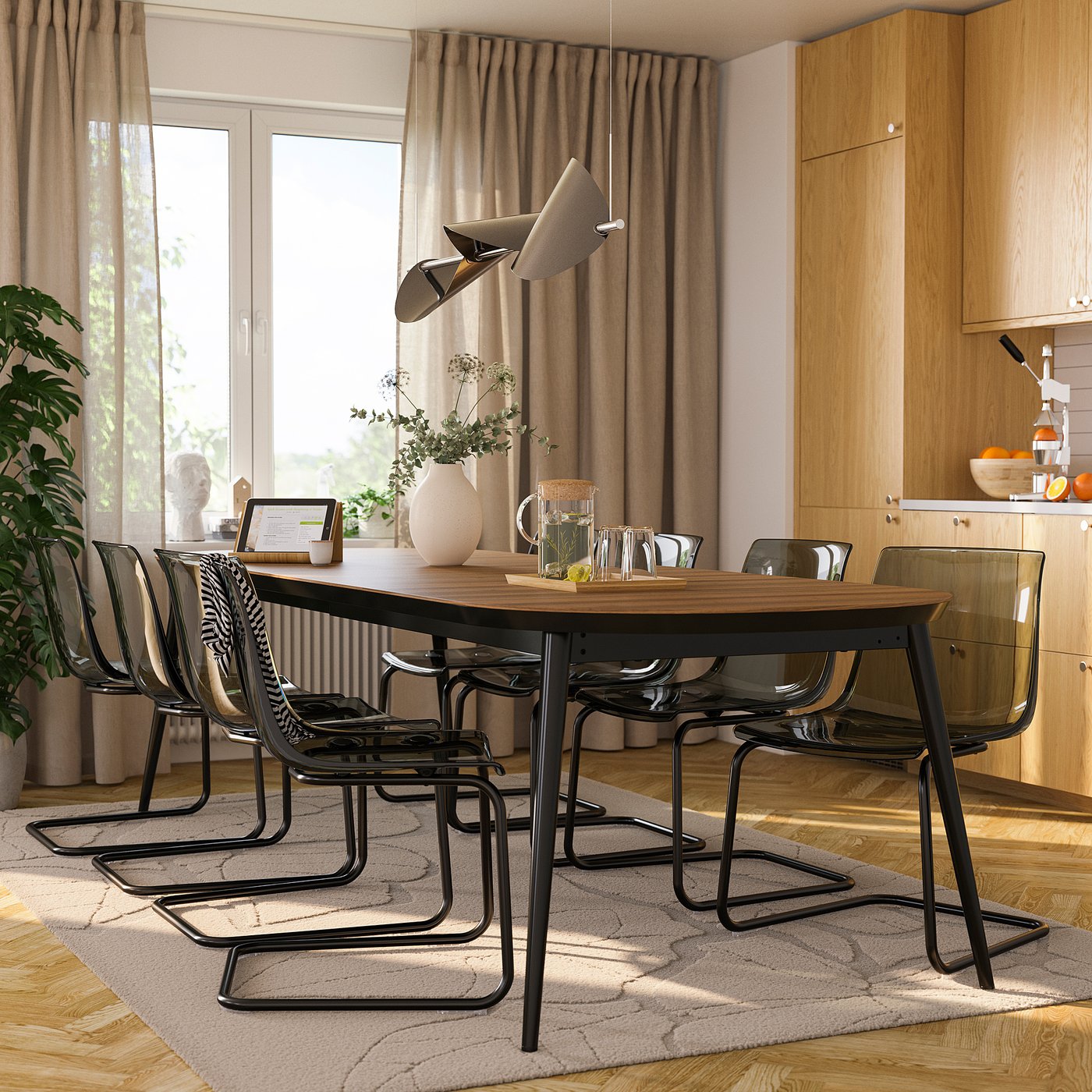 TJÄRKIL / TOBIAS table and 8 chairs, black walnut veneer/gray