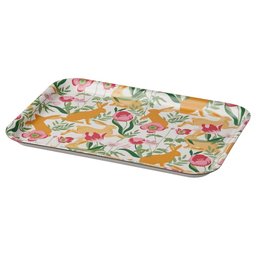 Colourful rectangular tray with gold and orange bunnies, pink flowers, and green leaves on white background, made from melamine.
