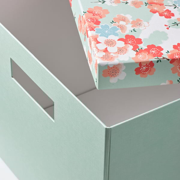 TJENA Storage box with lid, flower/light green, 12 ½x13 ¾x12 ½" IKEA