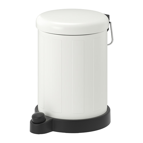 TOFTAN white pedal bin, round, steel, plastic base, black pedal, sleek design.