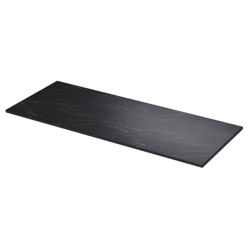 Black fiberboard countertop with marble pattern, smooth, ideal for modern/traditional bathrooms.