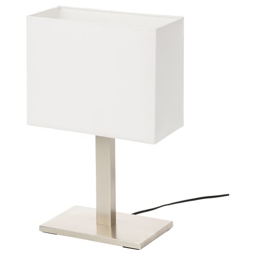 TOMELILLA lamp. White rectangle shade, silver stand. Modern minimalist design.