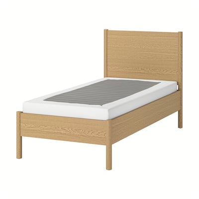 The TONSTAD bed in light wood has a classic design with a sturdy oak frame and a white mattress.