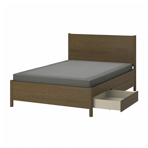 Brown wooden bed frame with grey mattress and open storage drawer.