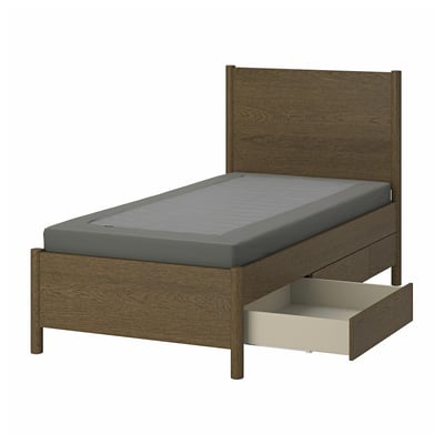 TONSTAD Bed frame with storage, brown stained oak veneer/Lyngör dark gray, Twin