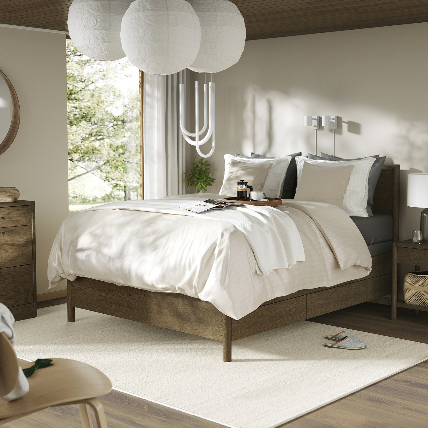 TONSTAD bed frame with storage, brown stained oak veneer/Lyngör