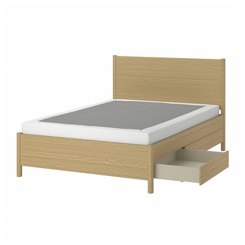 Minimalist beige wooden bed with storage drawers, sleek design, sturdy construction.