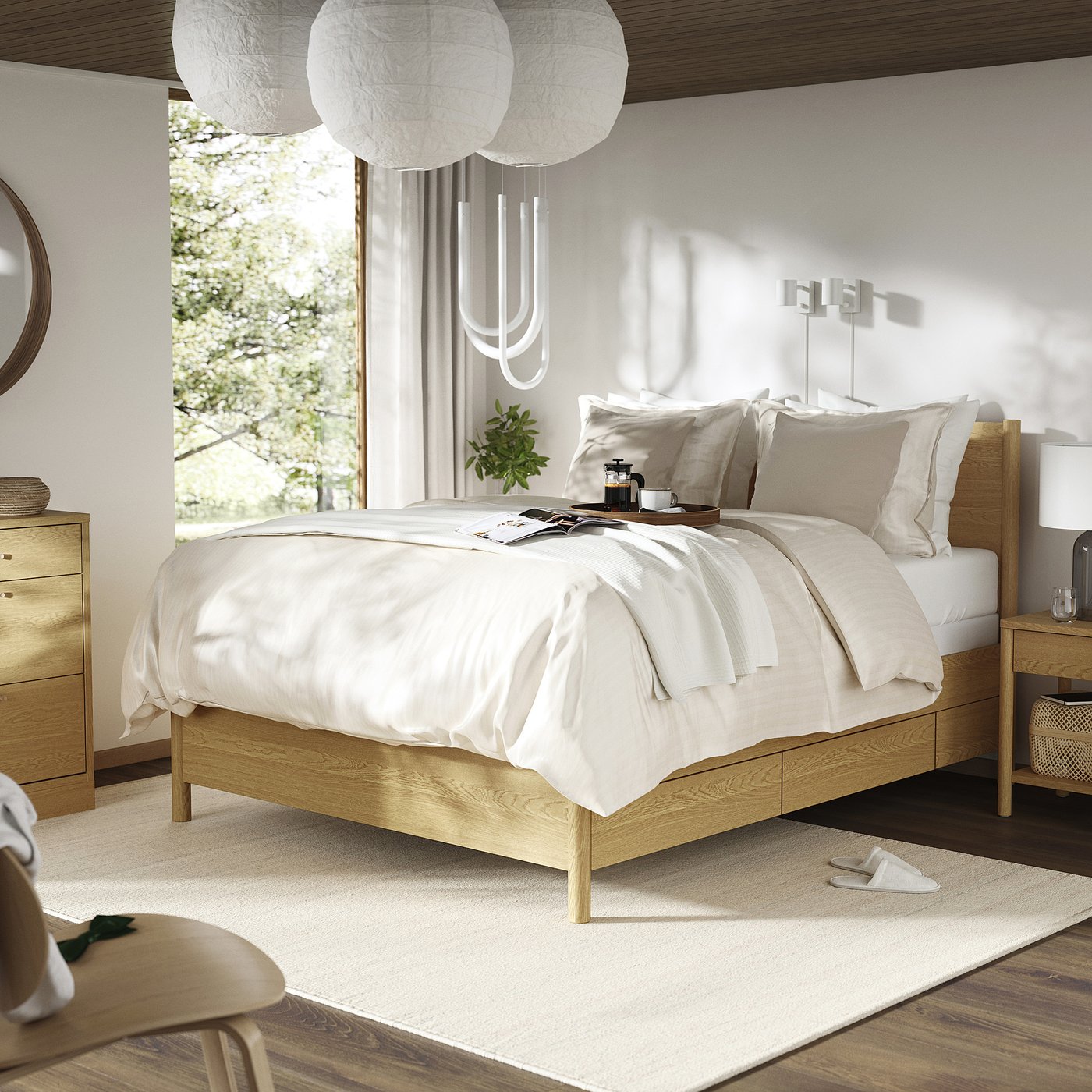 TONSTAD bed frame with storage, oak veneer/Lyngör white, King - IKEA
