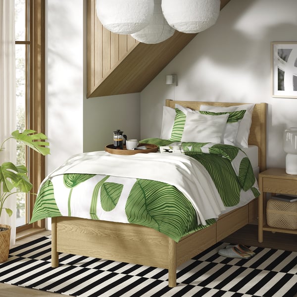 TONSTAD Bed frame with storage, oak veneer/Lyngör white, Twin