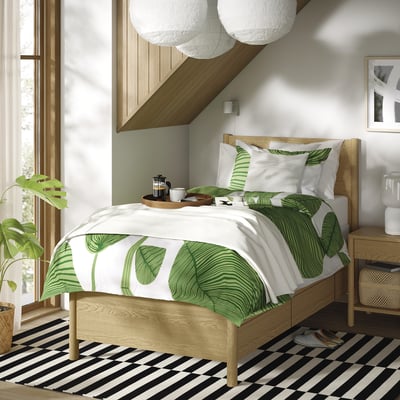 TONSTAD Bed frame with storage, oak veneer/Lyngör white, Twin